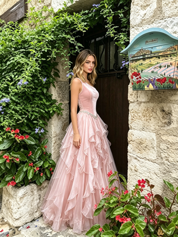 Pink One Shoulder Velvet Ruffles A Line Prom Dress