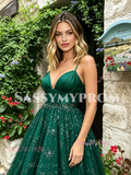 Dark Green Spaghetti Straps Sparkle Tulle Prom Dress