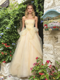 Yellow Tulle A Line Sequin Ruffles Strapless Prom Dress