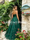 Dark Green Spaghetti Straps Sparkle Tulle Prom Dress