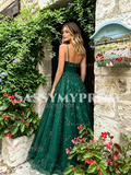 Dark Green Spaghetti Straps Sparkle Tulle Prom Dress
