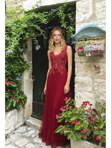 Tulle A Line Sheer Burgundy V Neck Lace Prom Dress