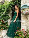Dark Green Spaghetti Straps Sparkle Tulle Prom Dress