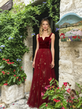 A Line Stars Print Tulle Red Straps Velvet Prom Dress