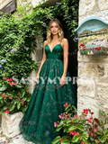 Dark Green Spaghetti Straps Sparkle Tulle Prom Dress