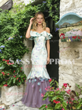 Green Lilac Tulle Floral Trumpet Mermaid Prom Dress