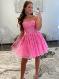 Hot Pink Lace Short Strapless Homecoming Dress