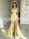 Sweetheart Trumpet Mermaid Yellow Leaf Flowers Prom Dress With Slit