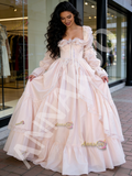 Long Sleeve Satin Pink Square Lace Ruffles Wedding Dress