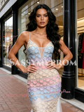 Colorful Lace Spaghetti Straps Meash Trumpet Mermaid Prom Dress