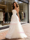 Satin A Line Tulle Strapless Flower Wedding Dress