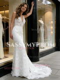V Neck Trumpet Mermaid Lace Backless Wedding Dress