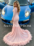Pink Long Sleeve Trumpet Mermaid Spandex Prom Dress With Feathter