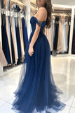 Navy Blue Tulle Off The Shoulder A Line Prom Dress