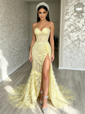 Sweetheart Trumpet Mermaid Yellow Leaf Flowers Prom Dress With Slit