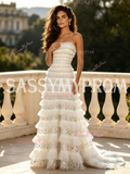 White Strapless Sequin Ruffled A Line Prom Dress