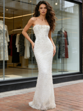 Pearls Strapless White Trumpet Mermaid Satin Wedding Dress