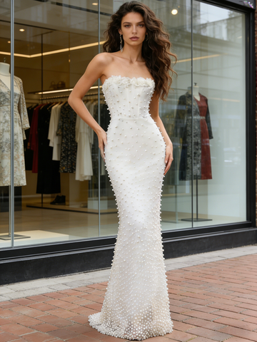 Pearls Strapless White Trumpet Mermaid Satin Wedding Dress