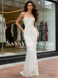Pearls Strapless White Trumpet Mermaid Satin Wedding Dress