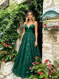 Dark Green Spaghetti Straps Sparkle Tulle Prom Dress