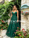 Dark Green Spaghetti Straps Sparkle Tulle Prom Dress