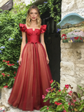 Fly Sleeves V Neck Tulle Red A Line Prom Dress