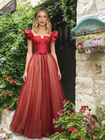 Fly Sleeves V Neck Tulle Red A Line Prom Dress