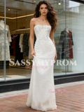 Pearls Strapless White Trumpet Mermaid Satin Wedding Dress