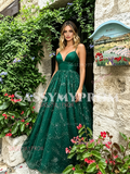 Dark Green Spaghetti Straps Sparkle Tulle Prom Dress