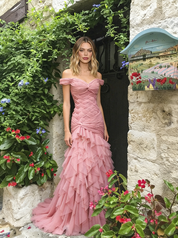 Pink Off The Shoulder Tulle Ruched Ruffles Mermaid Prom Dress