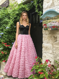 Pink Spaghetti Straps A Line Flower Prom Dress