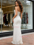 Pearls Strapless White Trumpet Mermaid Satin Wedding Dress