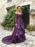 Off The Shoulder Tulle Ruffles Beading Purple Prom Dress
