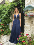 V Neck Beading Tulle A Line Blue Prom Dress