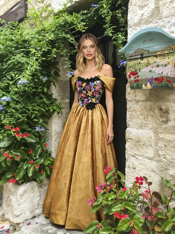 Off The Shoulder A Line Gold Appliques Prom Dress