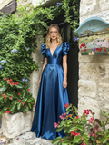 V Neck Short Sleeve Blue A Line Satin Prom Dress