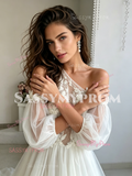Long Sleeve Appliques Tulle One Shoulder Wedding Dress