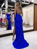 Sheath Column Spaghetti Straps Blue Prom Dress With Slit