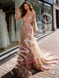 Pink Lace A Line V Neck Long Sleeve Floral Prom Dress