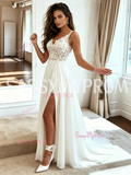 A Line Chiffon Sleeve Lace V Neck Wedding Dress With Slit