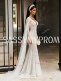 Trumpet Mermaid Pearls Cape Lace V Neck Long Sleeves Wedding Dress