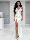 Spaghetti Straps Satin A Line Bow A Line Wedding Dress With Slit