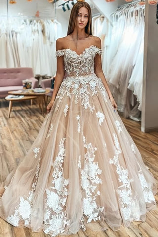 Pearls Champagne Off The Shoulder Appliques Wedding Dress