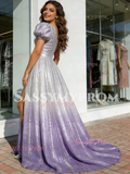 Scoop Short Sleeves A Line Purple Sequin Tulle Prom Dress With Slit