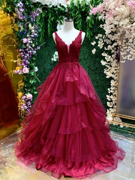 2024 A Line Burgundy Ruffles Appliques Prom Dress US6 / Black