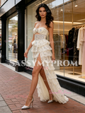 Champagne Flower Beading Cut Out Prom Dress With Slit