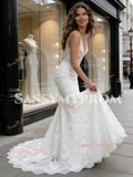V Neck Trumpet Mermaid Lace Backless Wedding Dress