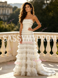 White Strapless Sequin Ruffled A Line Prom Dress