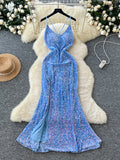 Sequin Backless Midi Maxi Blue Dress