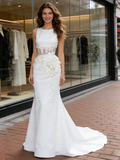 Scoop Trumpet Mermaid Satin Sheer Flower Wedding Dress